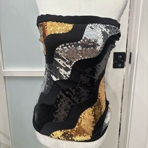 Strapless Black Sequin Wave tube top with Gold & Silver Accents